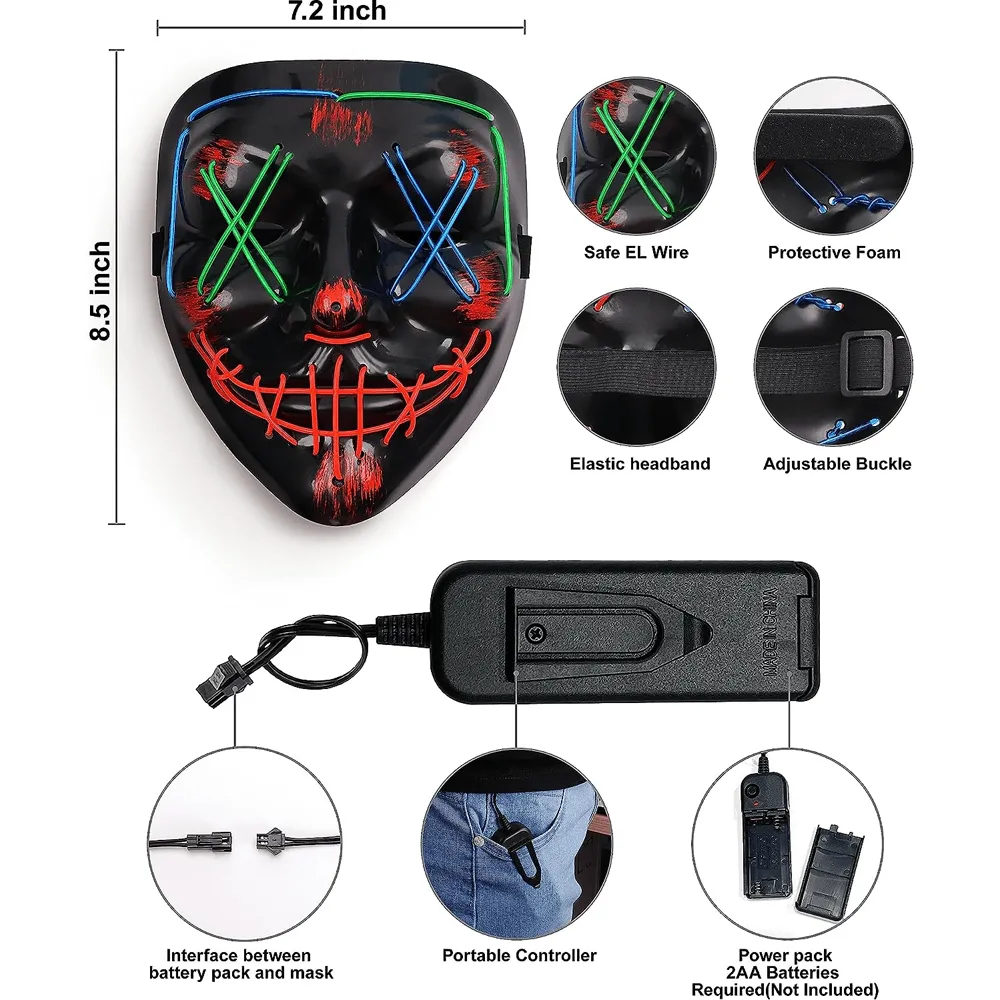 2 Pack Halloween LED Glow in the Dark Joker Face Mask, Light Up Clown Mask, Cosplay Mask for Kids & Adults, Halloween Masks