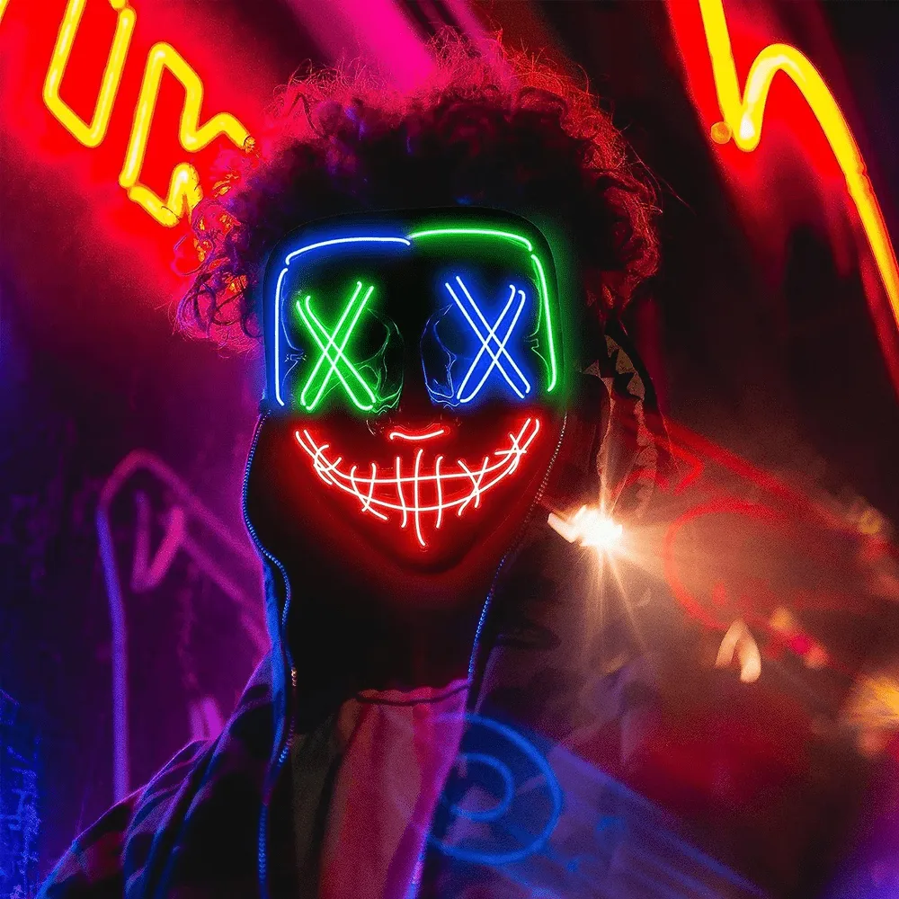 2 Pack Halloween LED Glow in the Dark Joker Face Mask, Light Up Clown Mask, Cosplay Mask for Kids & Adults, Halloween Masks