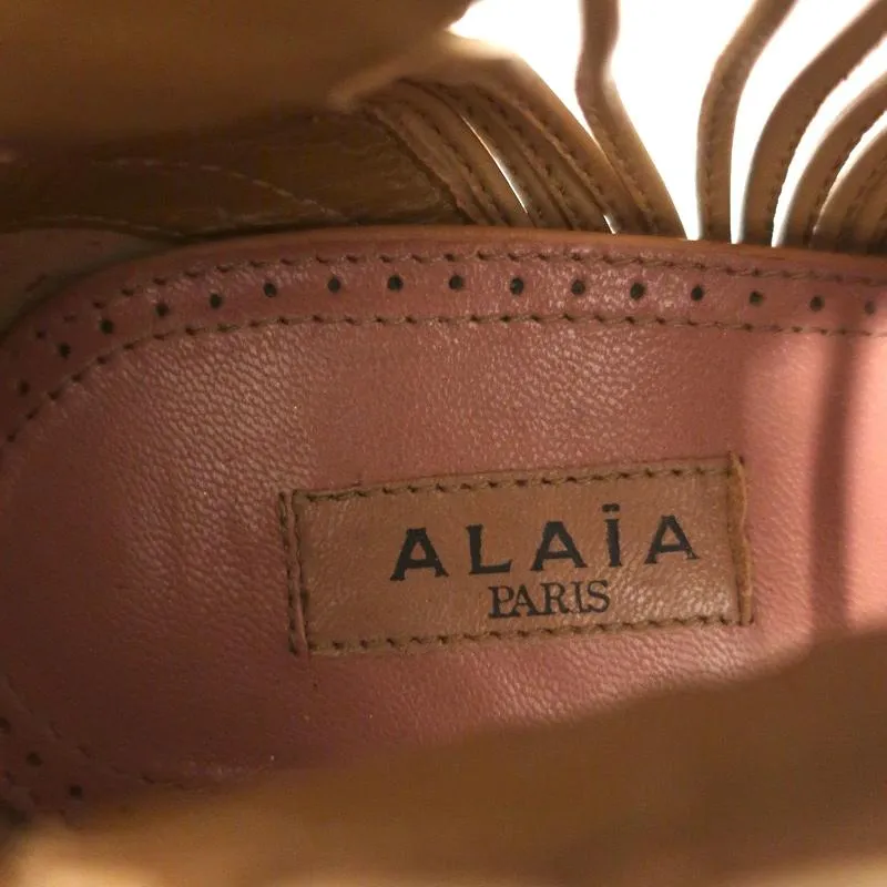 Alaia Lace-Up Peep Toe Booties Camel Leather Size 37 High Heel Ankle Boots