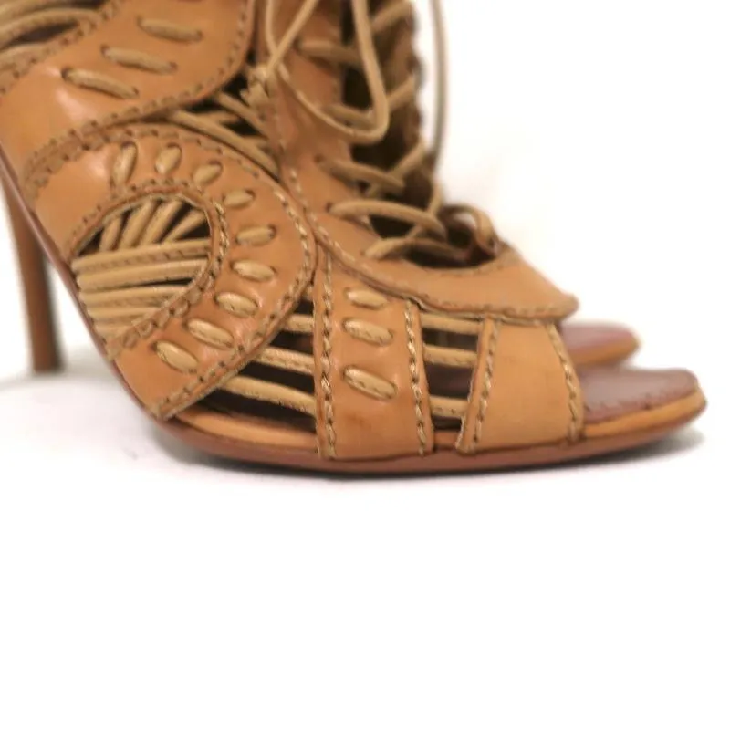 Alaia Lace-Up Peep Toe Booties Camel Leather Size 37 High Heel Ankle Boots