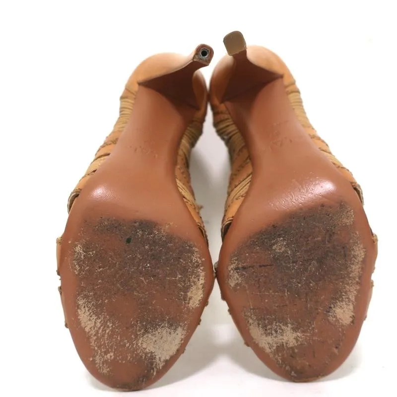 Alaia Lace-Up Peep Toe Booties Camel Leather Size 37 High Heel Ankle Boots