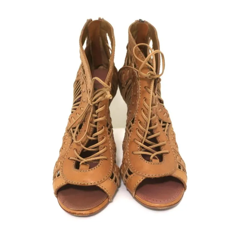 Alaia Lace-Up Peep Toe Booties Camel Leather Size 37 High Heel Ankle Boots
