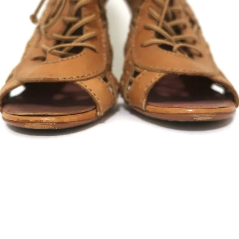 Alaia Lace-Up Peep Toe Booties Camel Leather Size 37 High Heel Ankle Boots