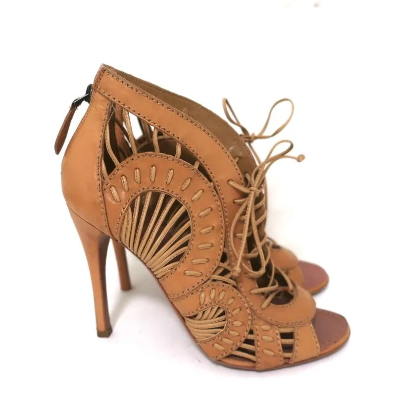Alaia Lace-Up Peep Toe Booties Camel Leather Size 37 High Heel Ankle Boots