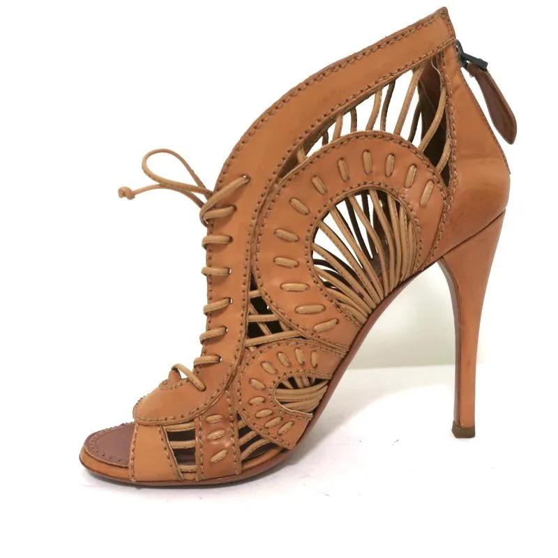 Alaia Lace-Up Peep Toe Booties Camel Leather Size 37 High Heel Ankle Boots