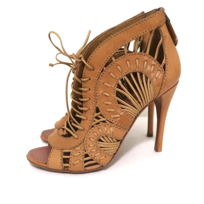 Alaia Lace-Up Peep Toe Booties Camel Leather Size 37 High Heel Ankle Boots
