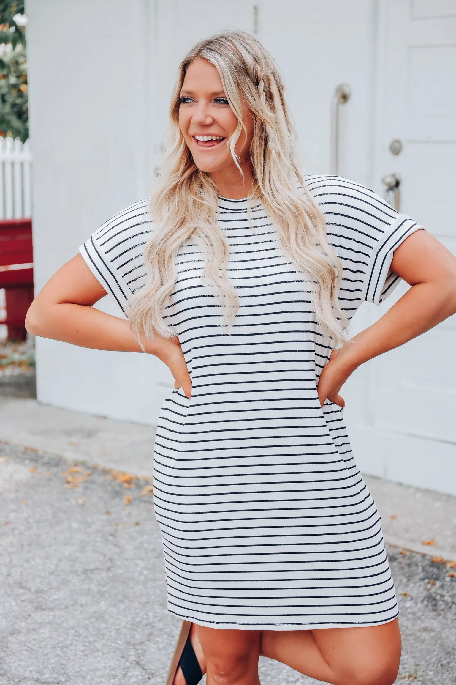 All Day Pocketed T-Shirt Dress - White/Black
