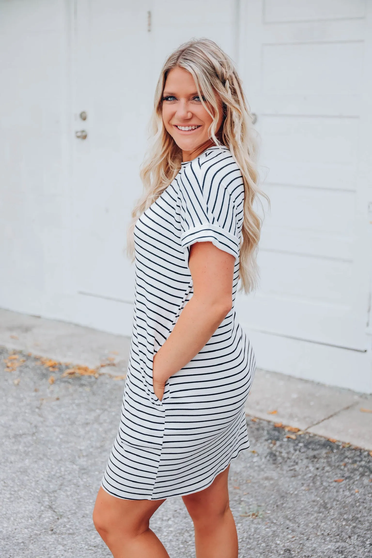 All Day Pocketed T-Shirt Dress - White/Black