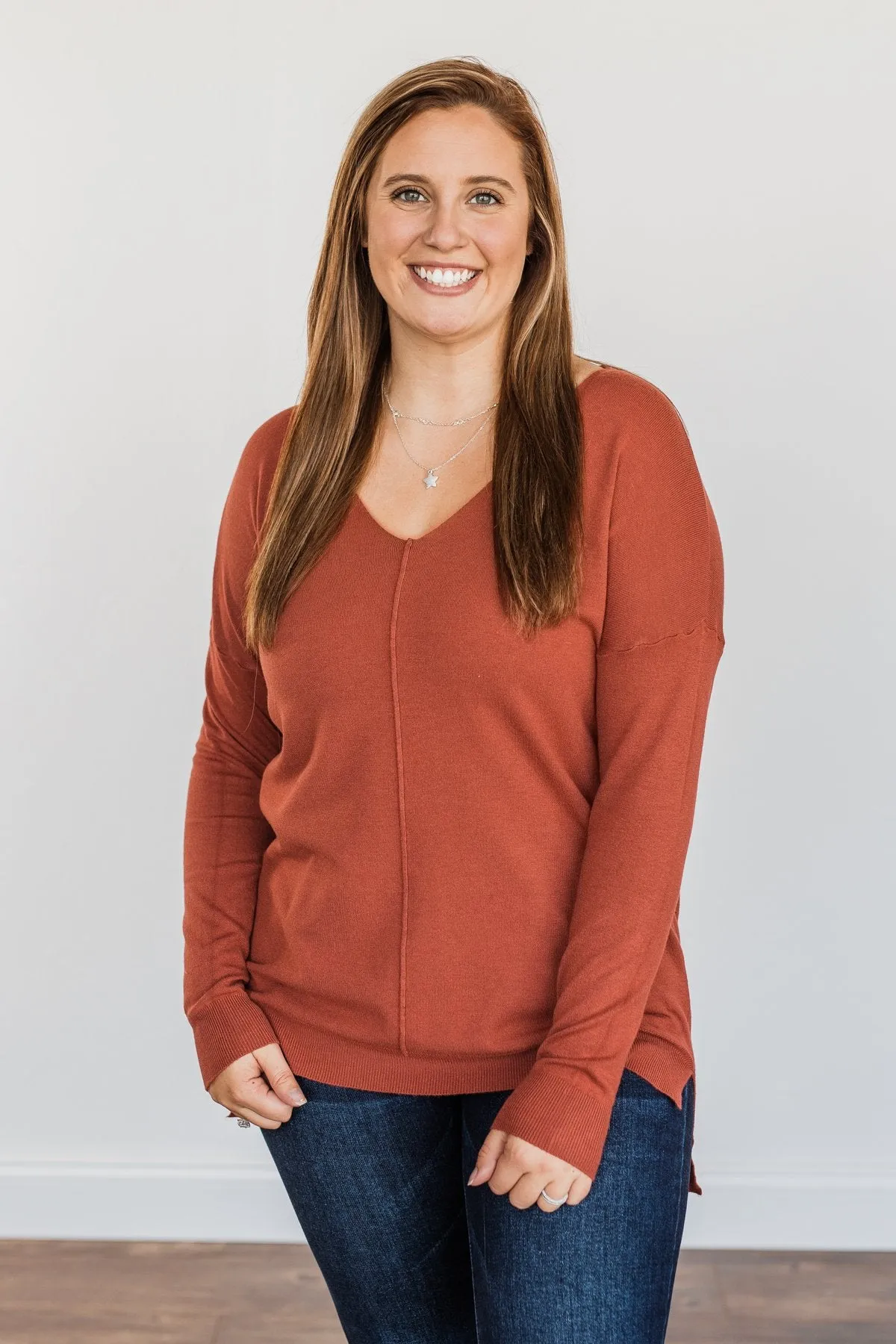 Angel On Earth V-Neck Sweater- Brick