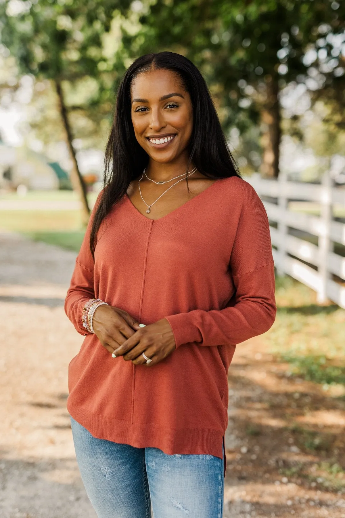 Angel On Earth V-Neck Sweater- Brick
