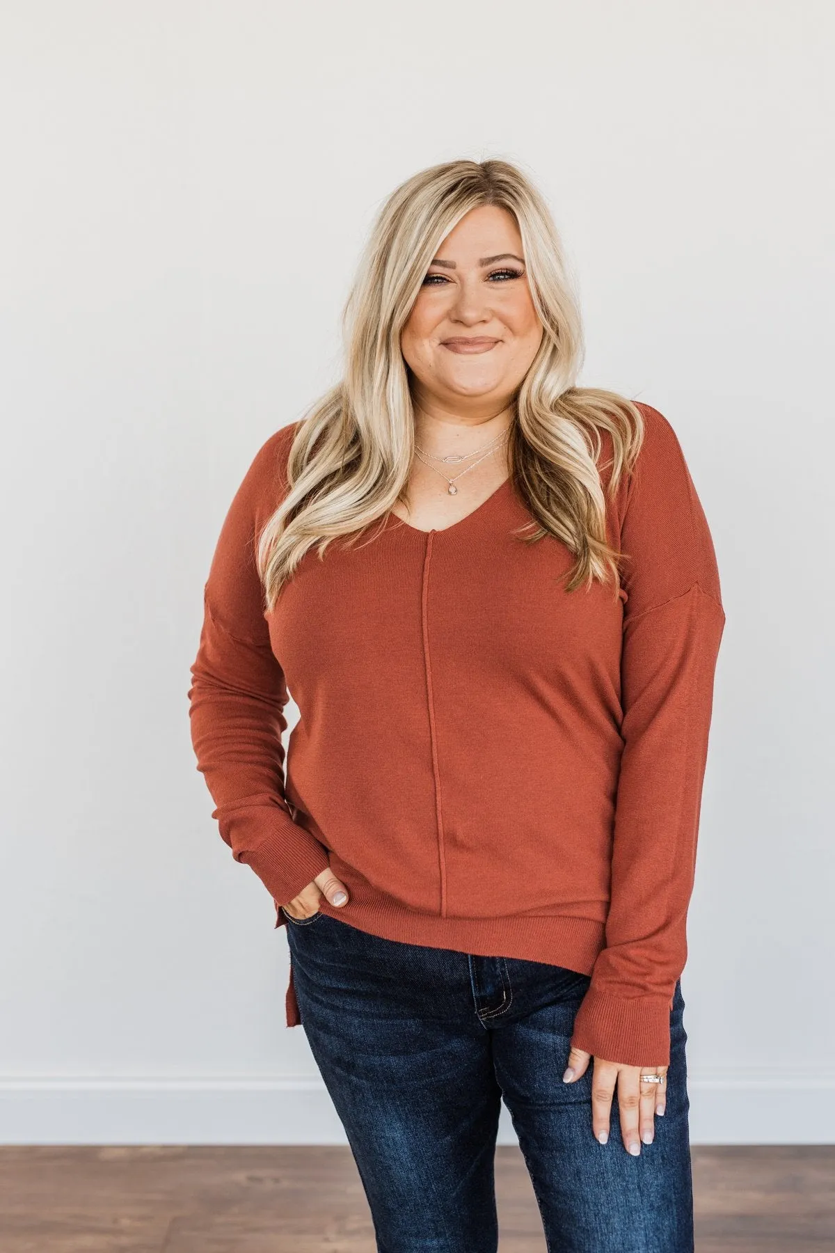 Angel On Earth V-Neck Sweater- Brick