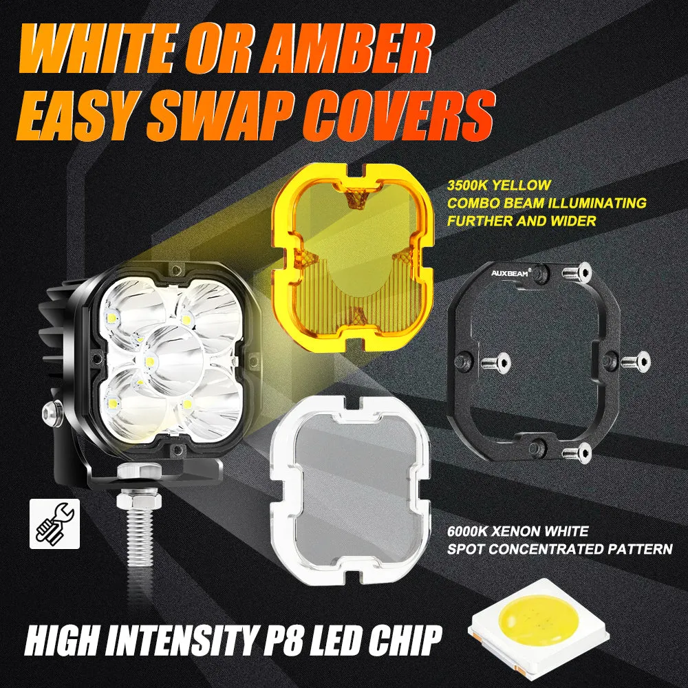 Auxbeam - 3 inch 80W 9600LM WHITE 6000K&YELLOW 3500K LED Pods Lights With Front Bumper Fog Light