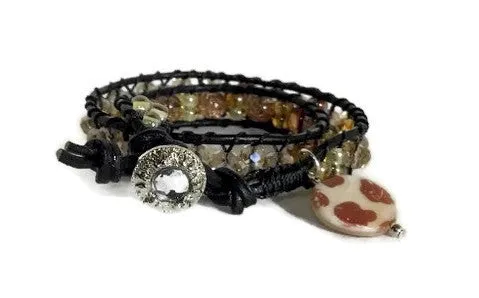 Beaded double wrap bracelet, macrame art, black leather, THE HONEY BEE BRACELET