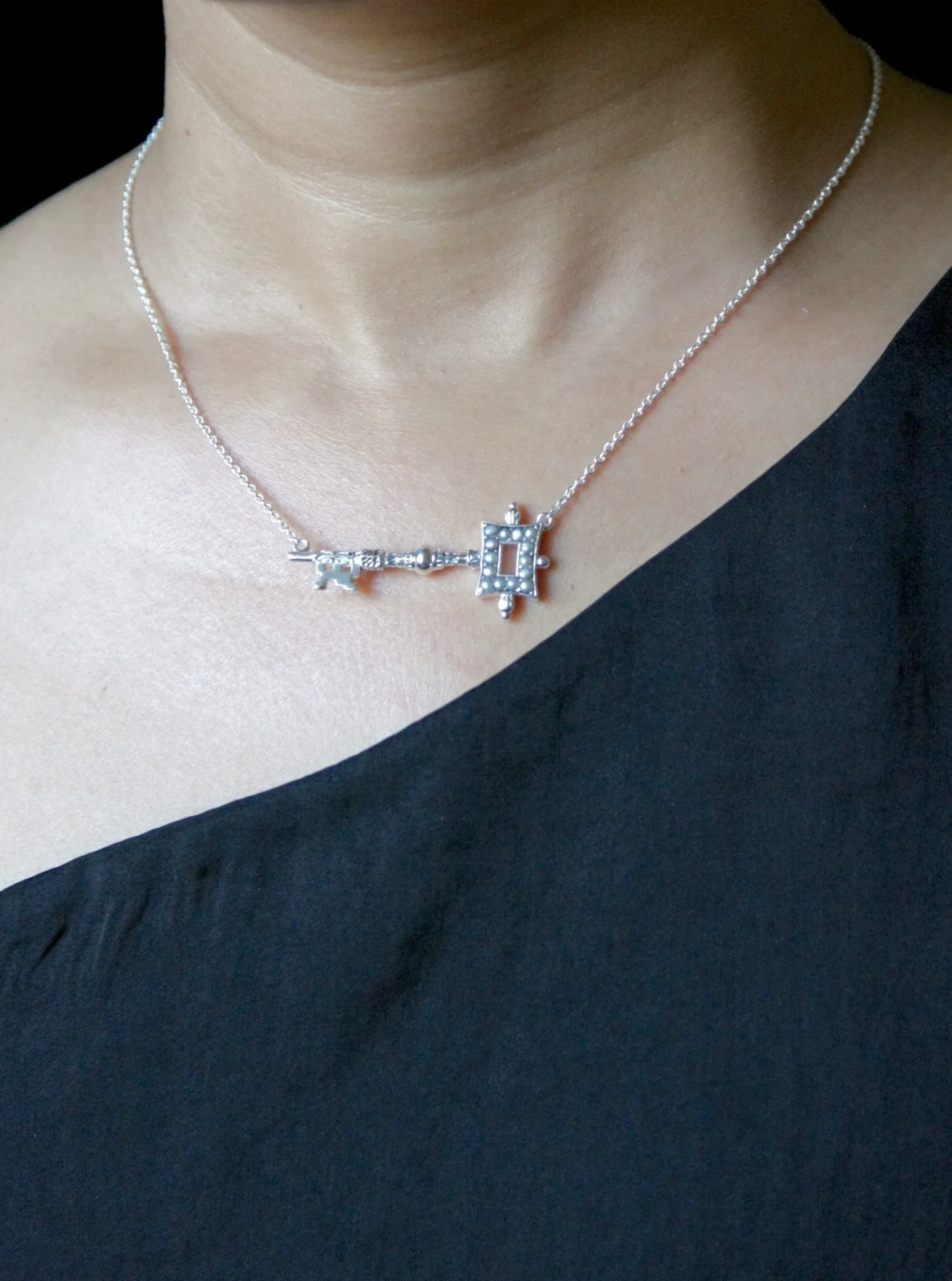Beautiful, chic, pearl encrusted, Victorian key pendant necklace