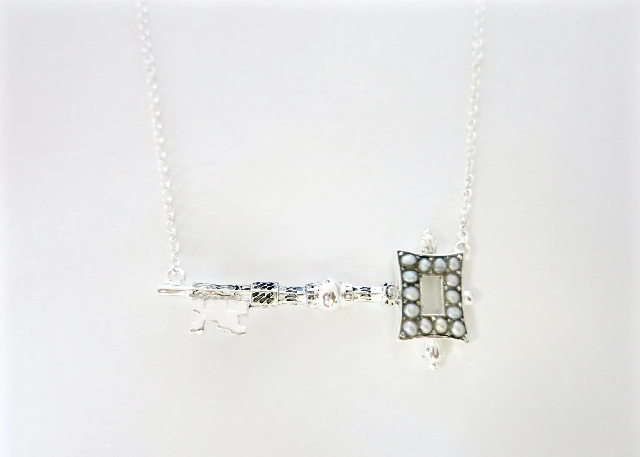 Beautiful, chic, pearl encrusted, Victorian key pendant necklace