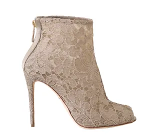 Beige Leather Cotton Lace Booties