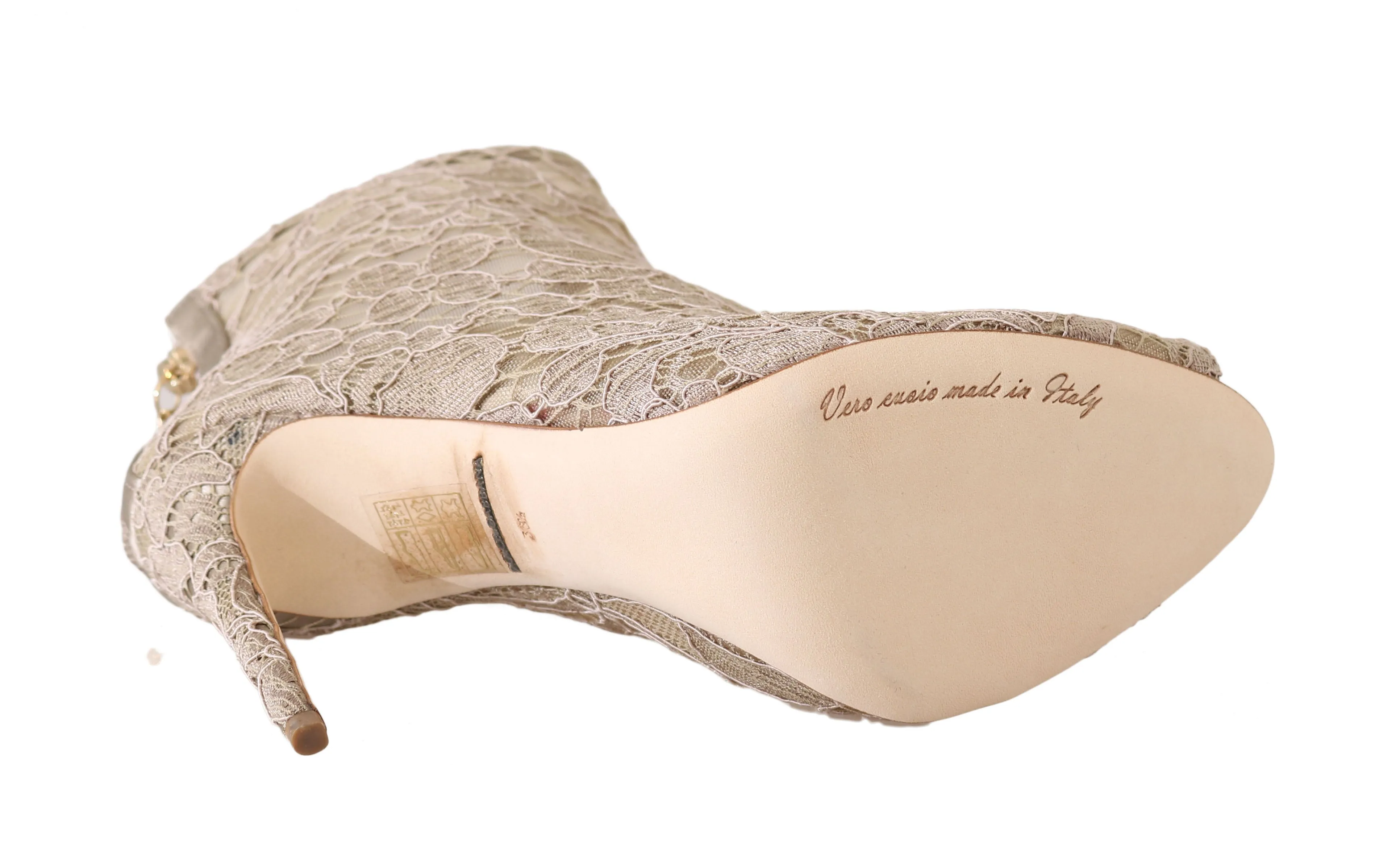Beige Leather Cotton Lace Booties
