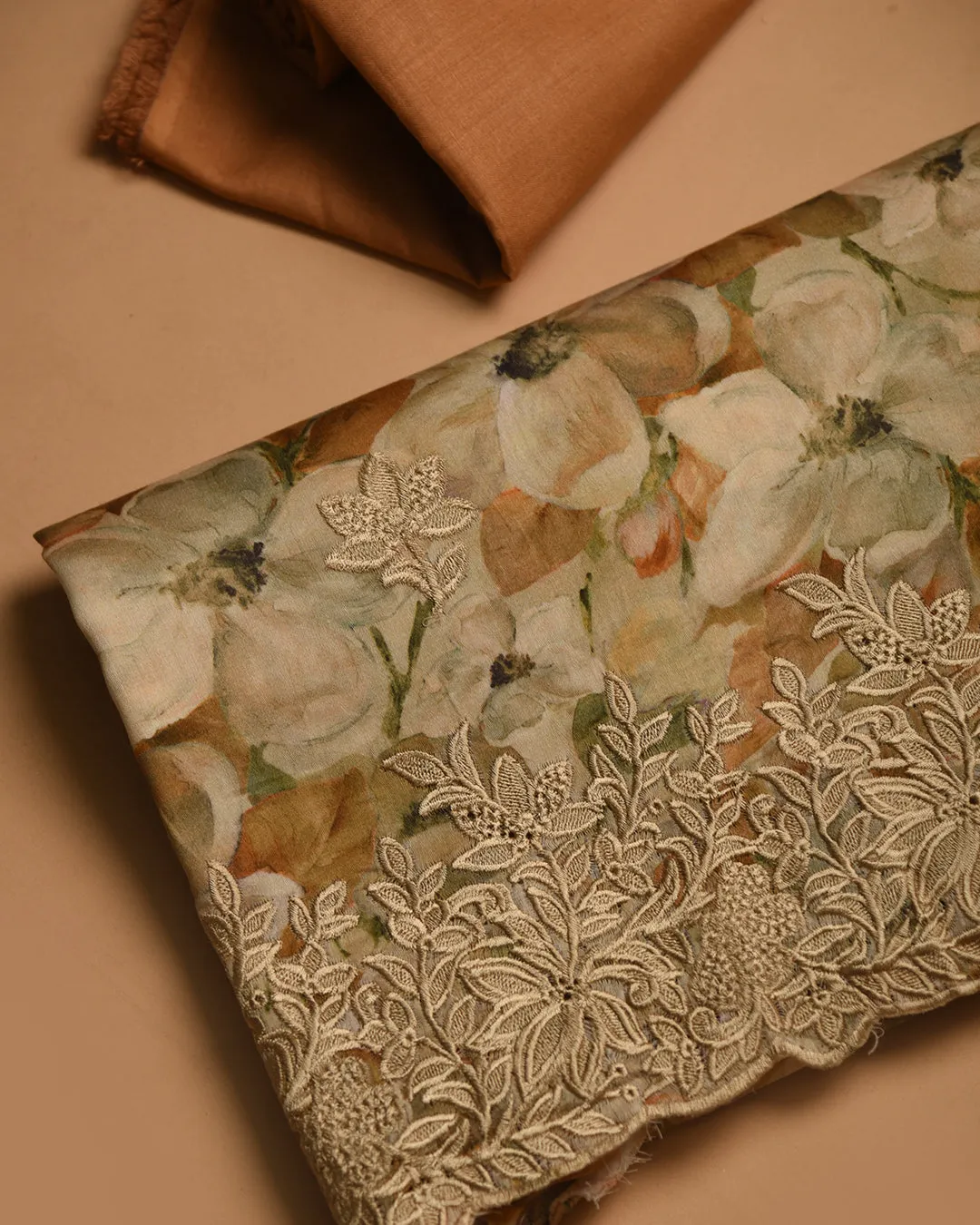 Beige With Mustard Cotton Glazed Printed With Embroidery Unstitched Suit Fabric Set With Chiffon Dupatta
