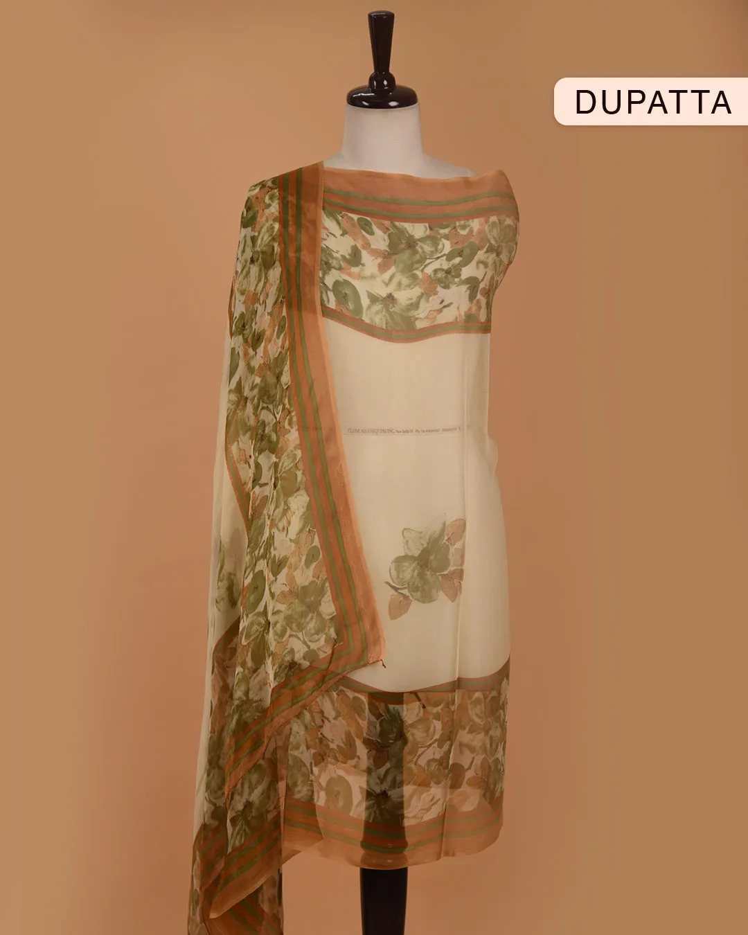Beige With Mustard Cotton Glazed Printed With Embroidery Unstitched Suit Fabric Set With Chiffon Dupatta