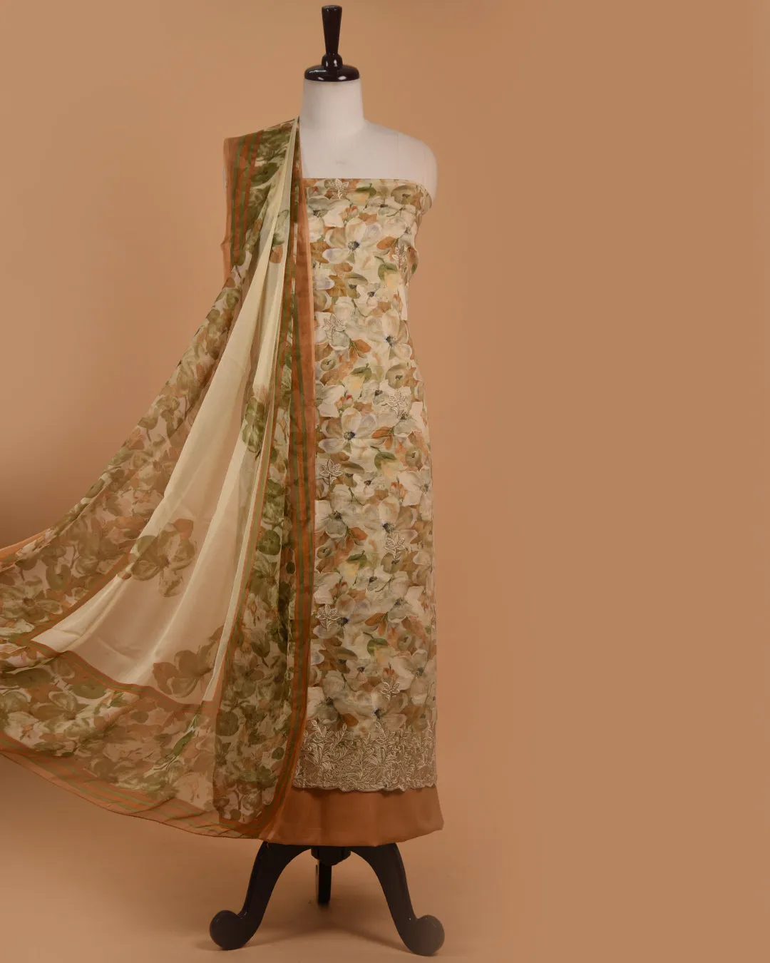 Beige With Mustard Cotton Glazed Printed With Embroidery Unstitched Suit Fabric Set With Chiffon Dupatta