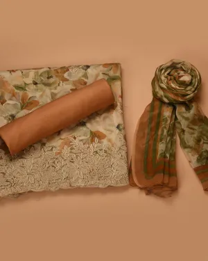 Beige With Mustard Cotton Glazed Printed With Embroidery Unstitched Suit Fabric Set With Chiffon Dupatta