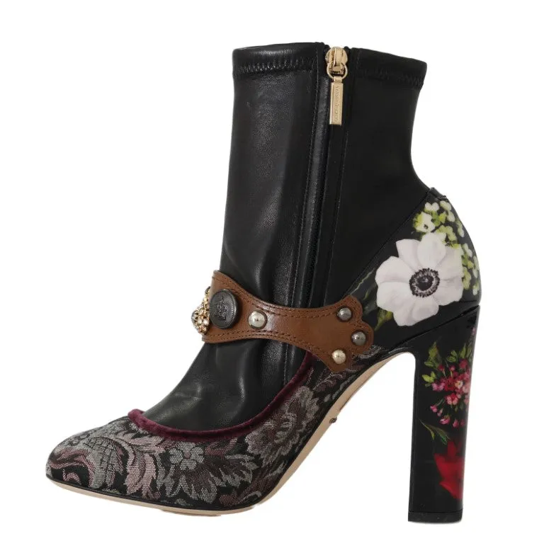 Black Jacquard Floral Ankle Boots