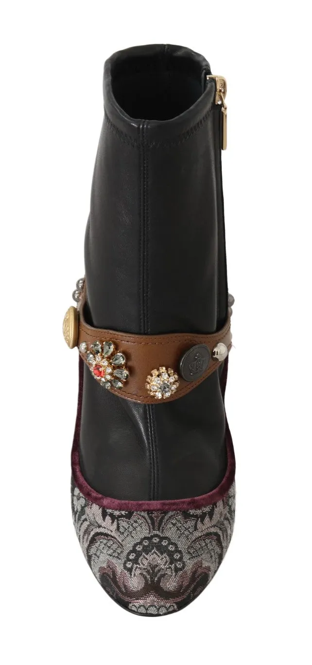 Black Jacquard Floral Ankle Boots