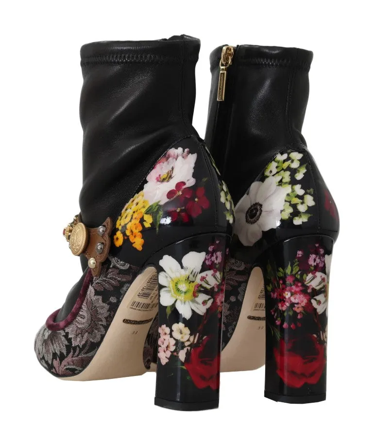 Black Jacquard Floral Ankle Boots
