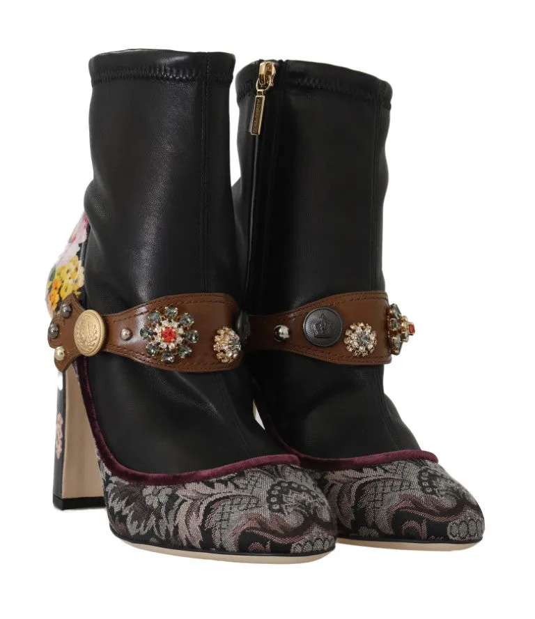 Black Jacquard Floral Ankle Boots
