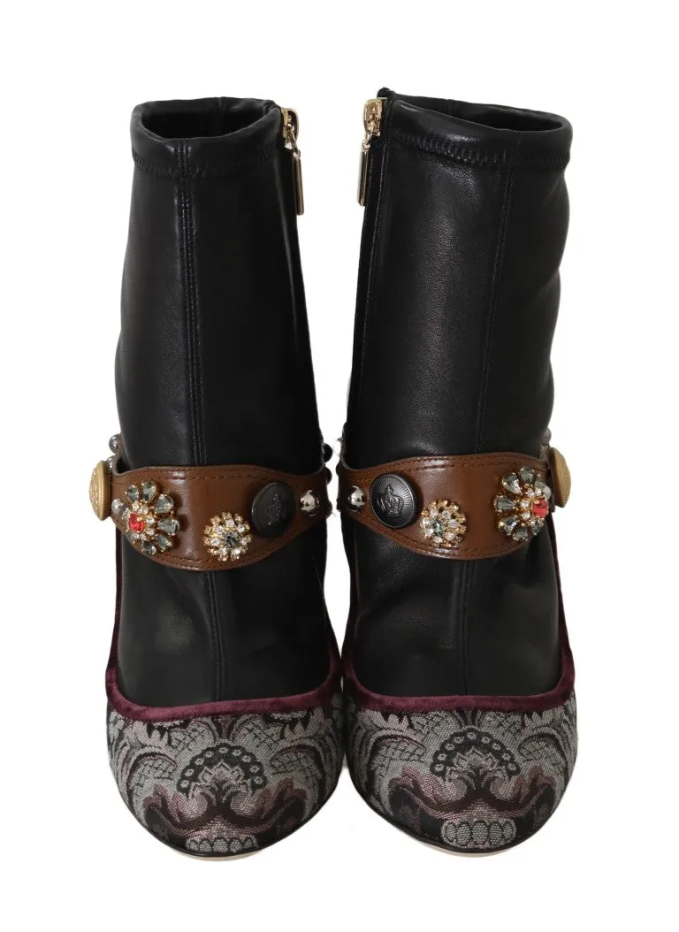 Black Jacquard Floral Ankle Boots