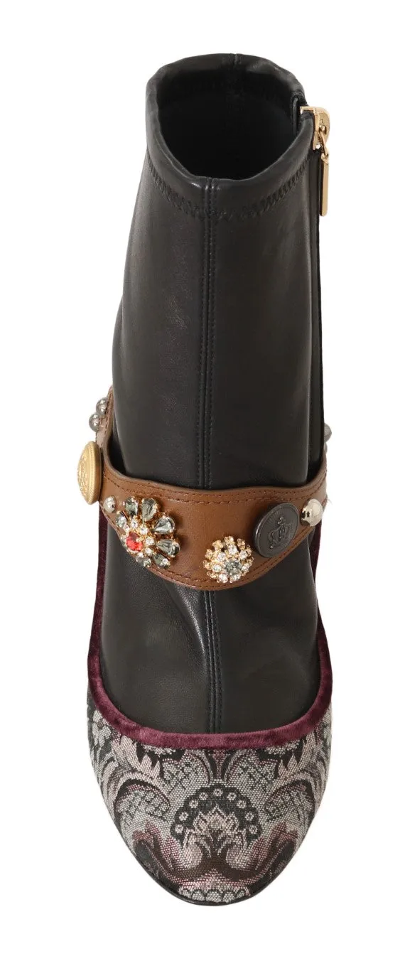 Black Jacquard Floral Ankle Boots