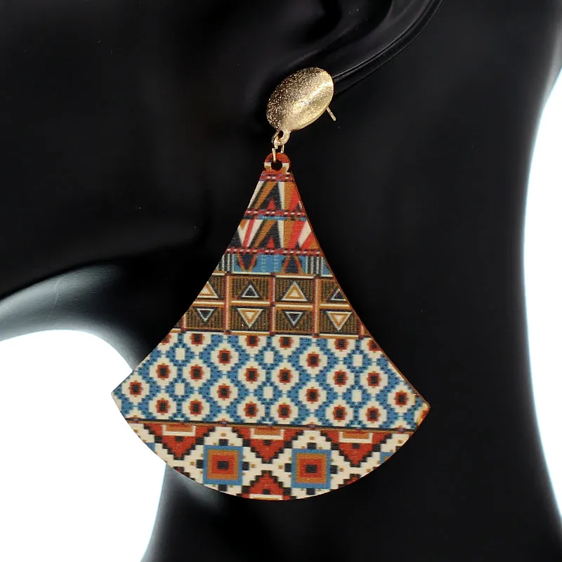 Brown Boho Chic Geometric Pattern Wooden Earrings