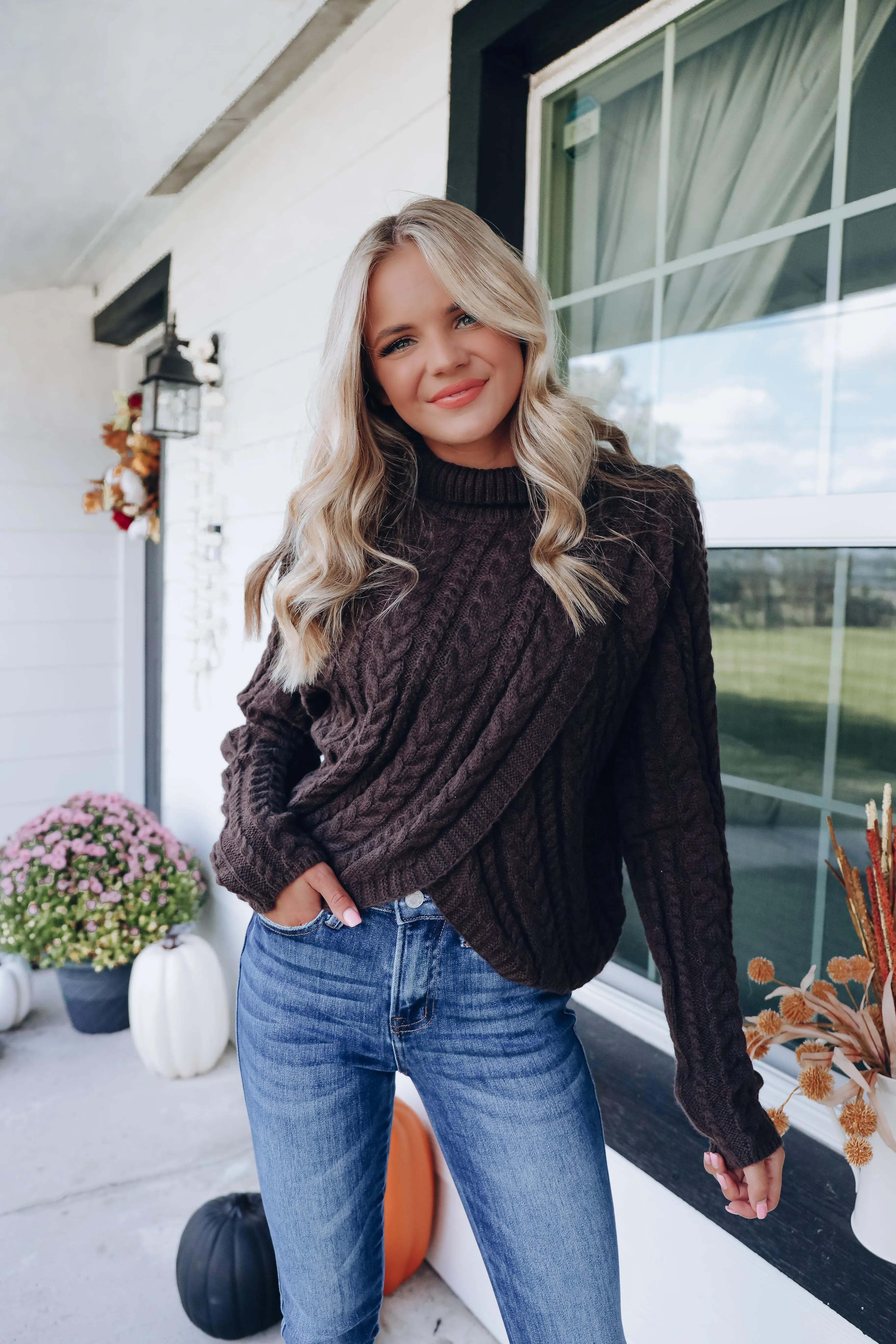 Cable Knit Cross Front Cropped Sweater - Chocolate