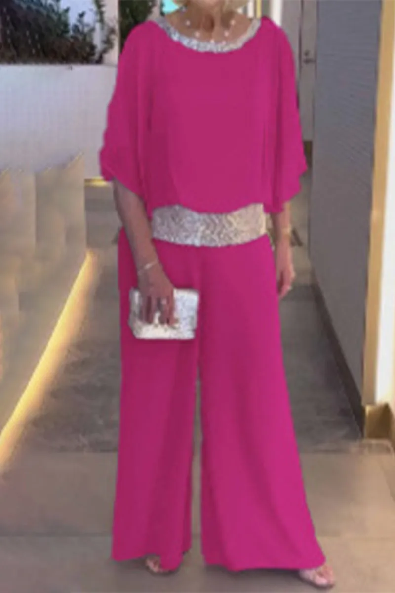 Casual Solid Sequins O Neck Two Pieces