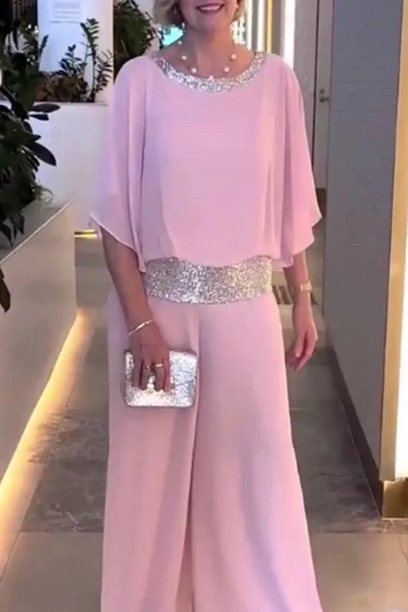 Casual Solid Sequins O Neck Two Pieces