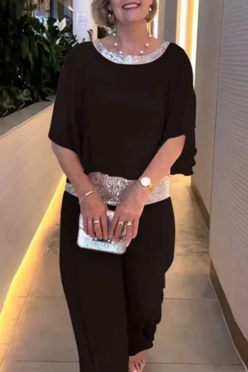 Casual Solid Sequins O Neck Two Pieces