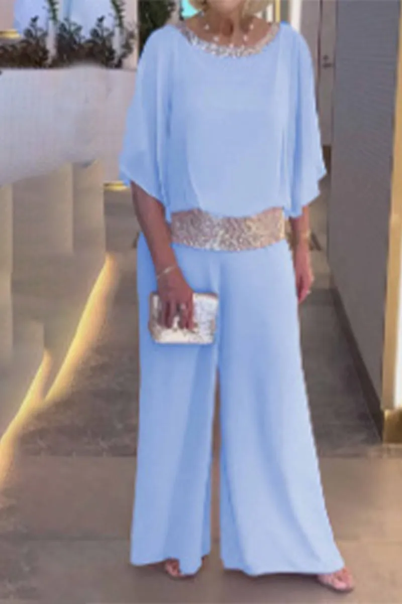 Casual Solid Sequins O Neck Two Pieces