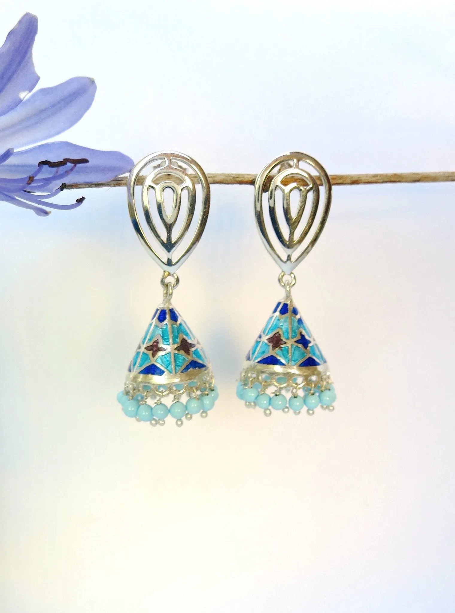 Chic, conical, blue Nathdwara enamel jhumkas