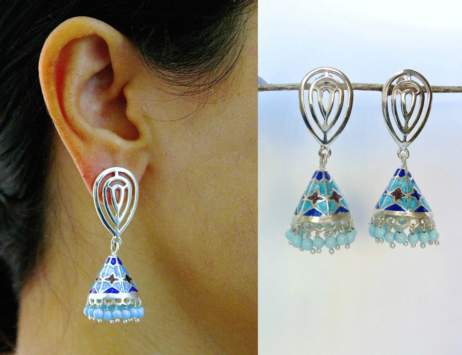 Chic, conical, blue Nathdwara enamel jhumkas