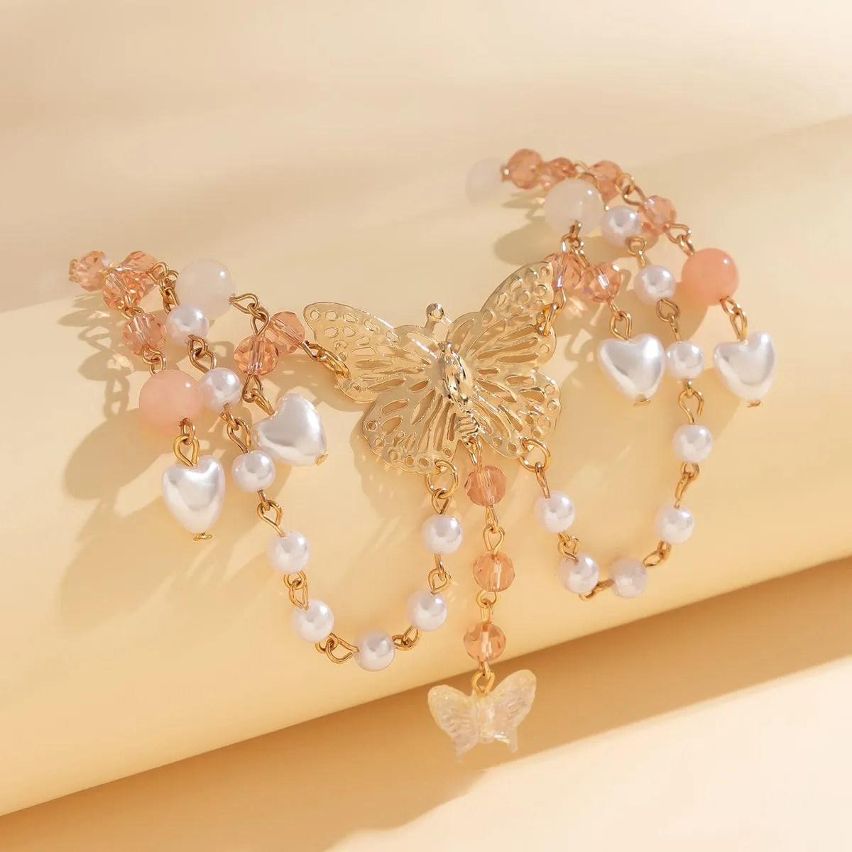 Chic Layered Tassel Butterfly Pendant Rhinestone Pearl Chain Neckalace
