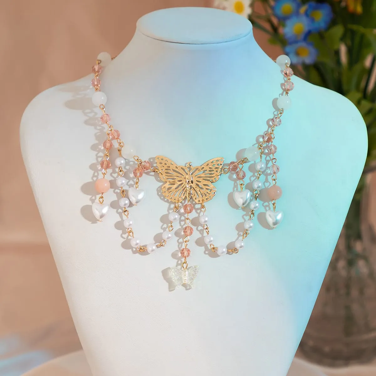 Chic Layered Tassel Butterfly Pendant Rhinestone Pearl Chain Neckalace