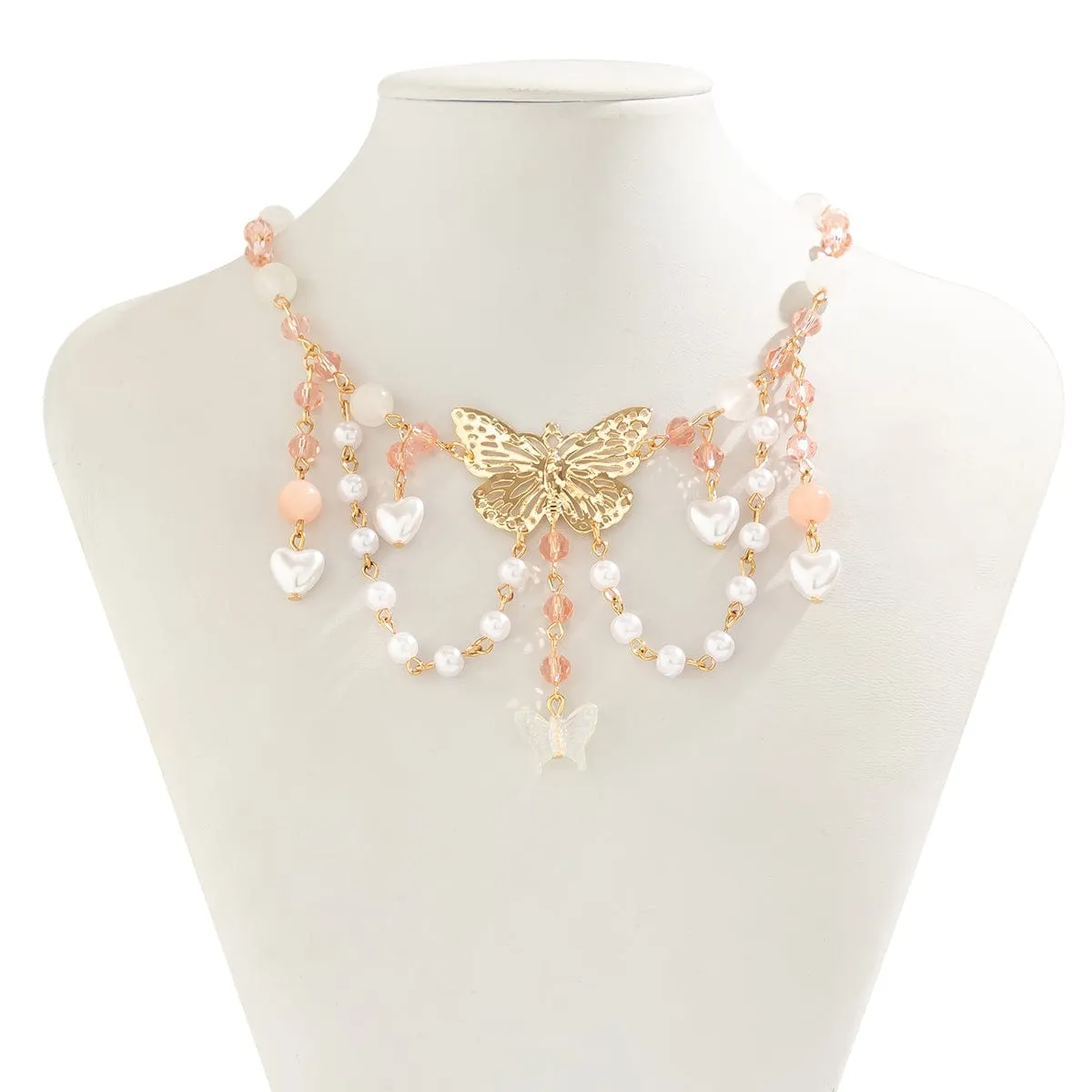 Chic Layered Tassel Butterfly Pendant Rhinestone Pearl Chain Neckalace