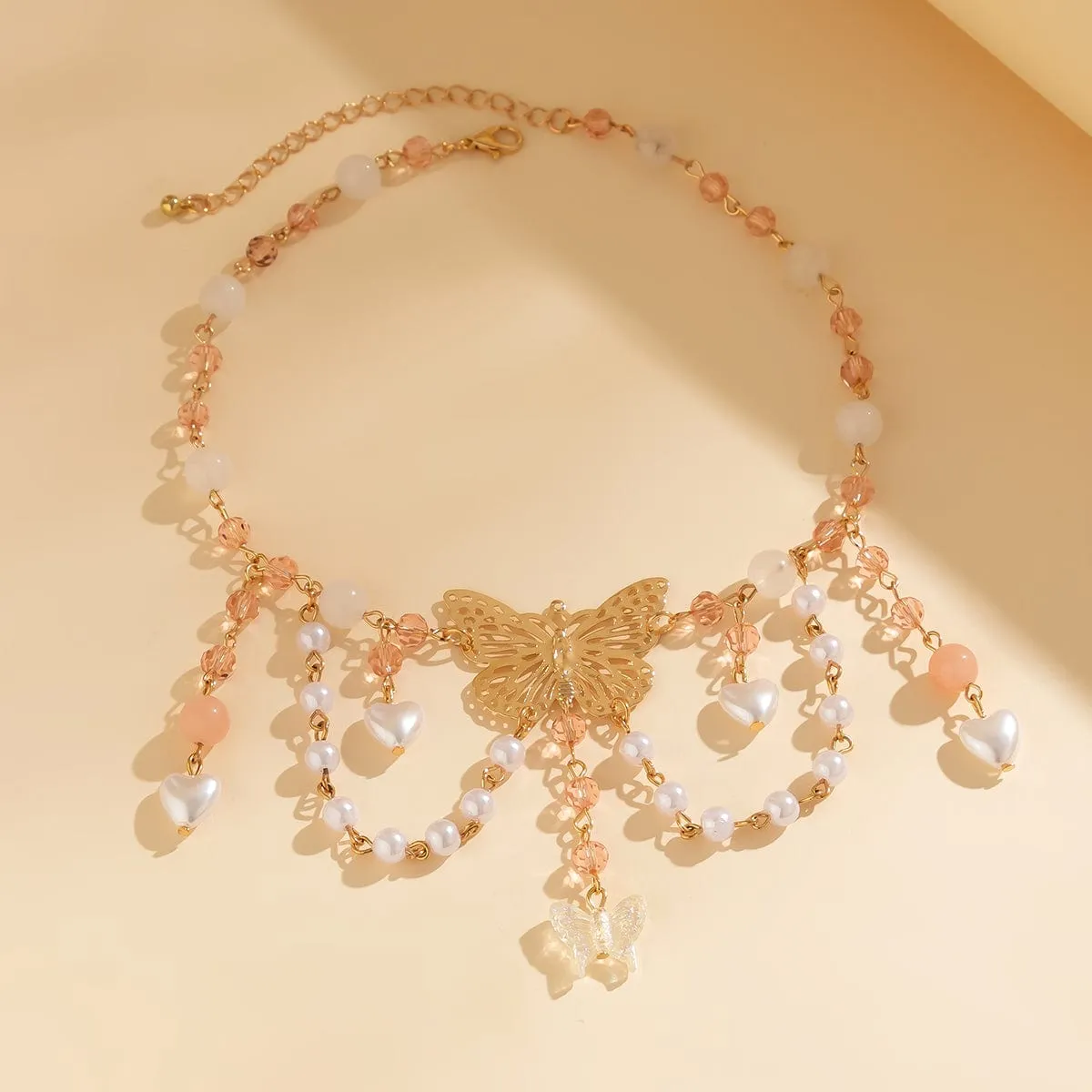 Chic Layered Tassel Butterfly Pendant Rhinestone Pearl Chain Neckalace