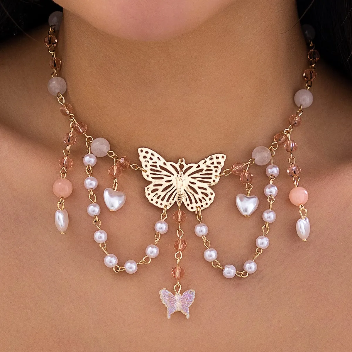 Chic Layered Tassel Butterfly Pendant Rhinestone Pearl Chain Neckalace