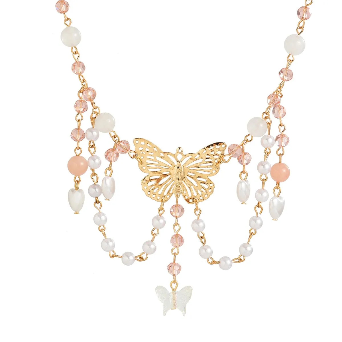Chic Layered Tassel Butterfly Pendant Rhinestone Pearl Chain Neckalace
