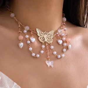 Chic Layered Tassel Butterfly Pendant Rhinestone Pearl Chain Neckalace