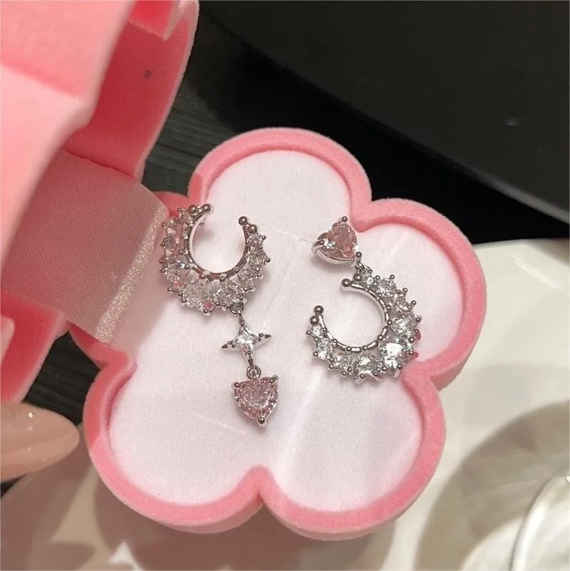 Chic Rhinestone Inlaid Moon Phase Star Heart Dangle Earrings