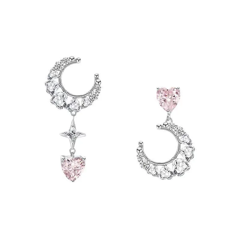 Chic Rhinestone Inlaid Moon Phase Star Heart Dangle Earrings