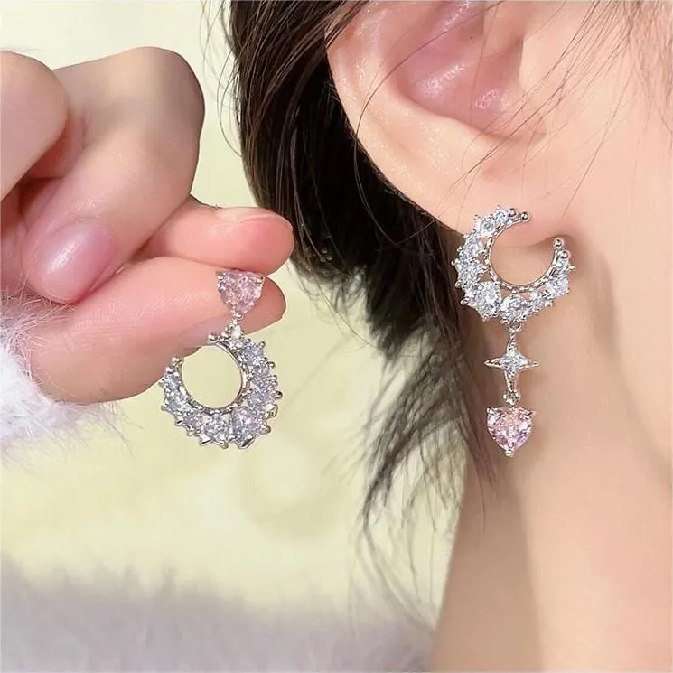 Chic Rhinestone Inlaid Moon Phase Star Heart Dangle Earrings
