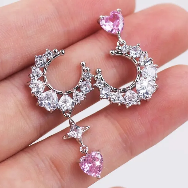Chic Rhinestone Inlaid Moon Phase Star Heart Dangle Earrings